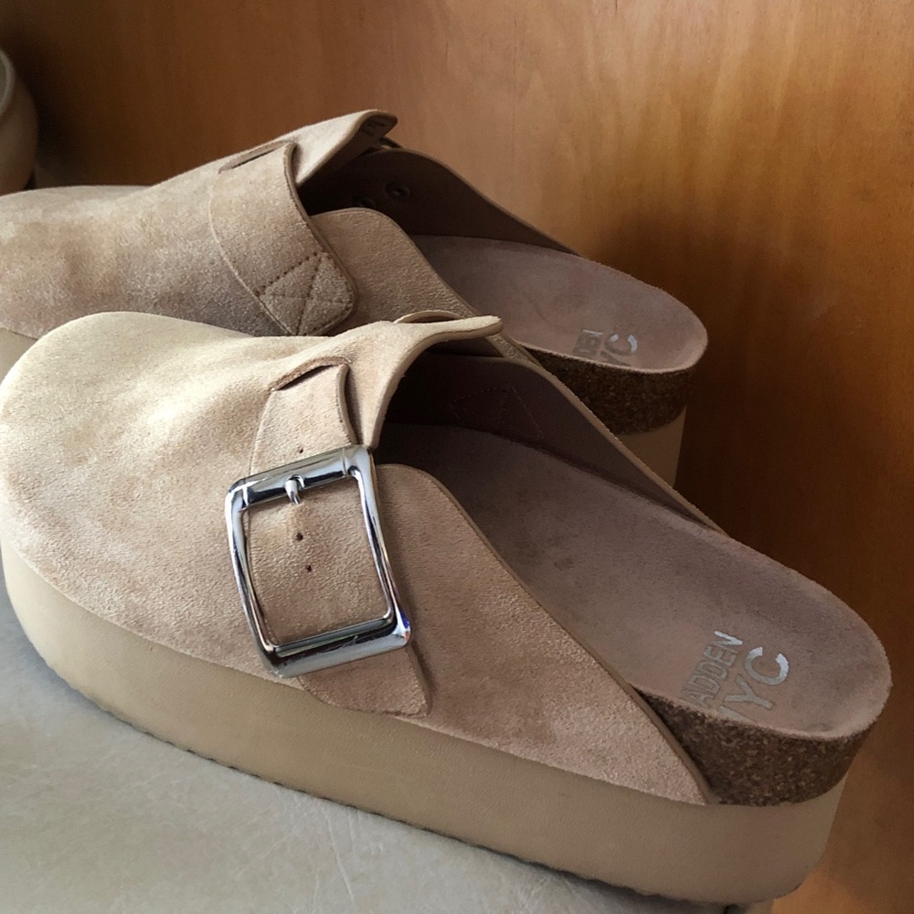 Tan Suede Platform Clogs with Silver Buckle - Picture 7 of 9
